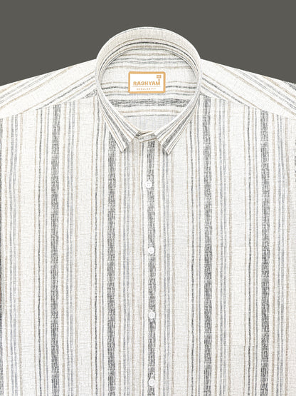 Premium Linen Cotton Black And Brown Multi Line on Cream Formal Shirt