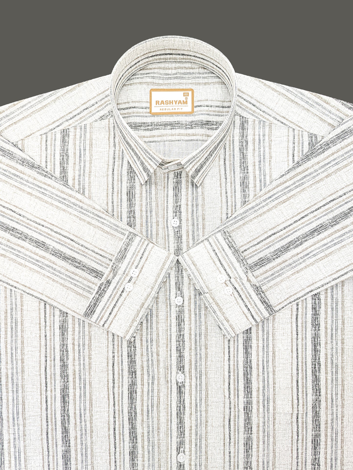 Premium Linen Cotton Black And Brown Multi Line on Cream Formal Shirt