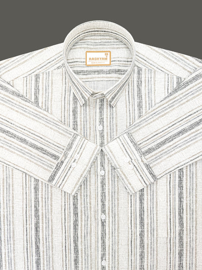 Premium Linen Cotton Black And Brown Multi Line on Cream Formal Shirt