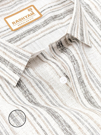 Premium Linen Cotton Black And Brown Multi Line on Cream Formal Shirt