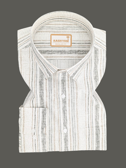 Premium Linen Cotton Black And Brown Multi Line on Cream Formal Shirt