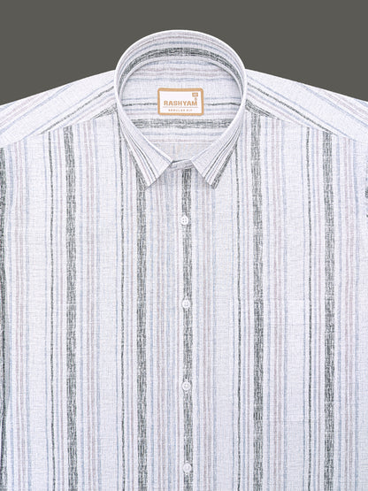 Premium Linen Cotton Black And Blue Multi Line on Greyish White Formal Shirt