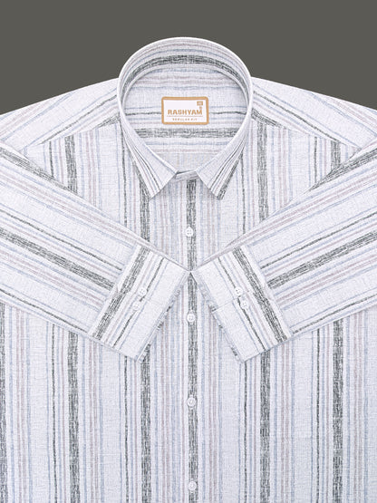 Premium Linen Cotton Black And Blue Multi Line on Greyish White Formal Shirt
