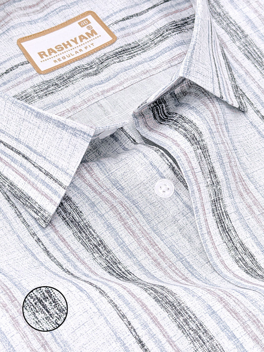 Premium Linen Cotton Black And Blue Multi Line on Greyish White Formal Shirt