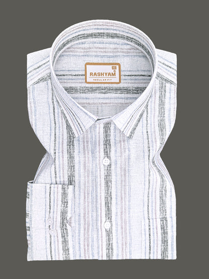 Premium Linen Cotton Black And Blue Multi Line on Greyish White Formal Shirt