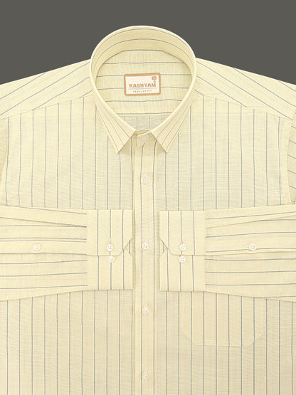 Premium Linen Cotton Greyish Line On Yellow Formal Shirt For Men