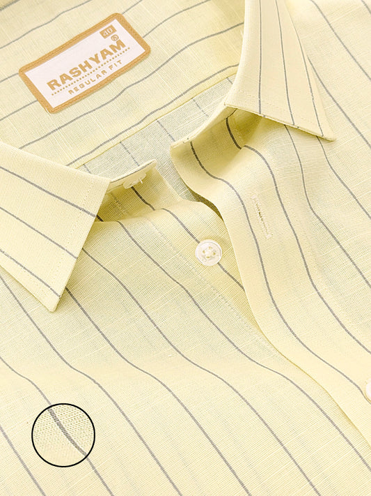 Premium Linen Cotton Greyish Line On Yellow Formal Shirt For Men