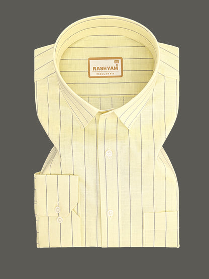 Premium Linen Cotton Greyish Line On Yellow Formal Shirt For Men