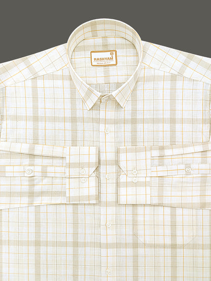 Premium Cotton Beige Cream with Golden Yellow Checks Shirt For Men