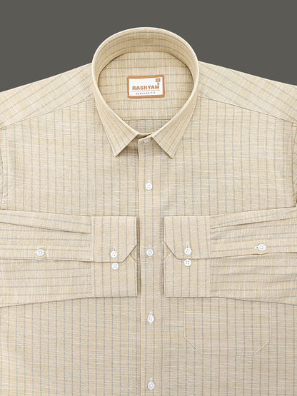 Premium Linen Cotton Light Grey Line On Khaki Shirt For Men