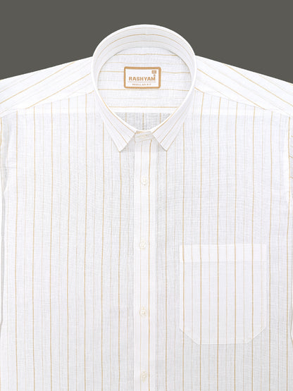 Premium Linen Cotton Browny Stripe On White Formal Shirt For Men