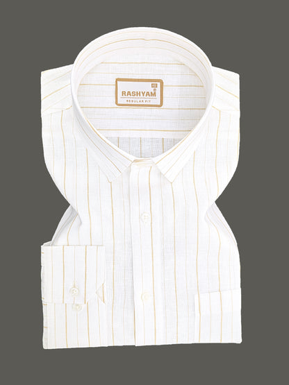 Premium Linen Cotton Browny Stripe On White Formal Shirt For Men