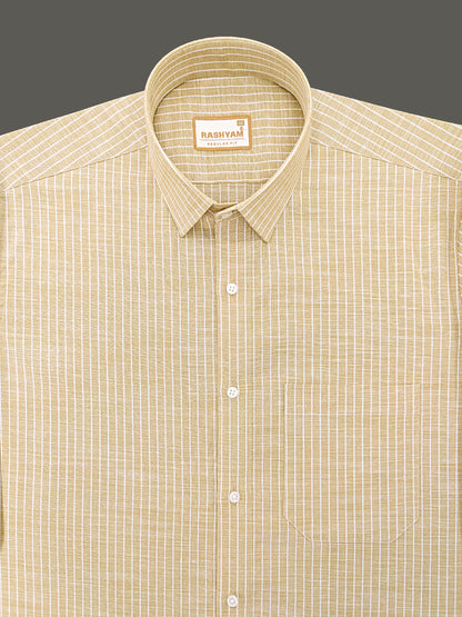 Premium Linen Cotton White Line on Tan Brown Formal Shirt For Men