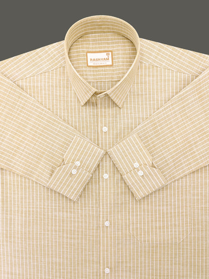 Premium Linen Cotton White Line on Tan Brown Formal Shirt For Men