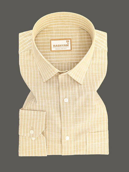 Premium Linen Cotton White Line on Tan Brown Formal Shirt For Men
