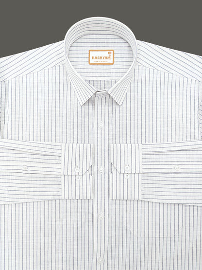 Premium Linen Cotton Greyish Broad Line On White Formal Shirt For Men