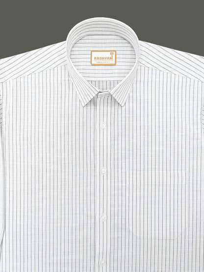 Premium Linen Cotton Greyish Broad Line On White Formal Shirt For Men