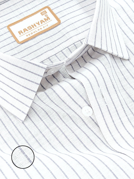 Premium Linen Cotton Greyish Broad Line On White Formal Shirt For Men