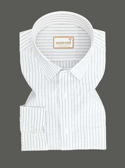 Premium Linen Cotton Greyish Broad Line On White Formal Shirt For Men