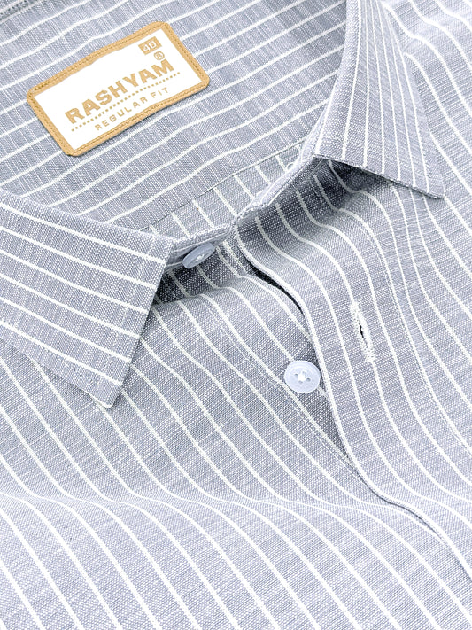 Premium Linen Cotton White Line On Grey Formal Shirt For Men