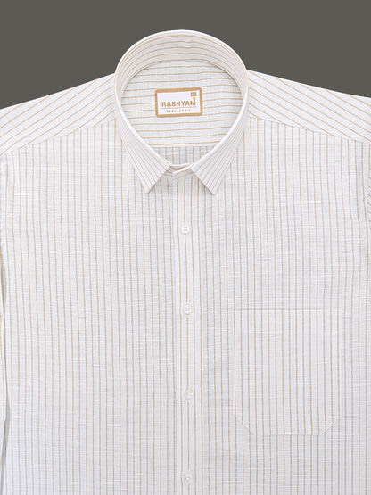 Premium Linen Cotton Brown Line On White Formal Shirt For Men