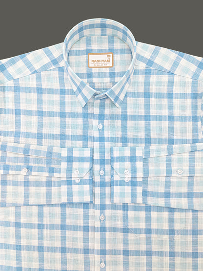 Vernazza Premium Linen Cotton Light blue and white Checks For men