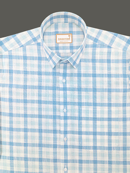 Vernazza Premium Linen Cotton Light blue and white Checks For men