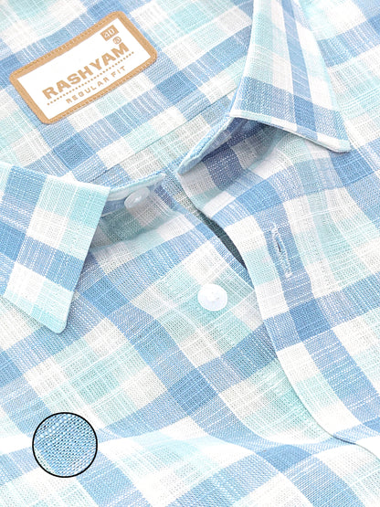 Vernazza Premium Linen Cotton Light blue and white Checks For men