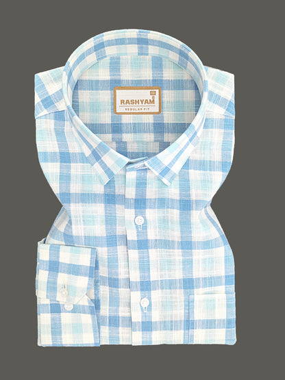 Vernazza Premium Linen Cotton Light blue and white Checks For men