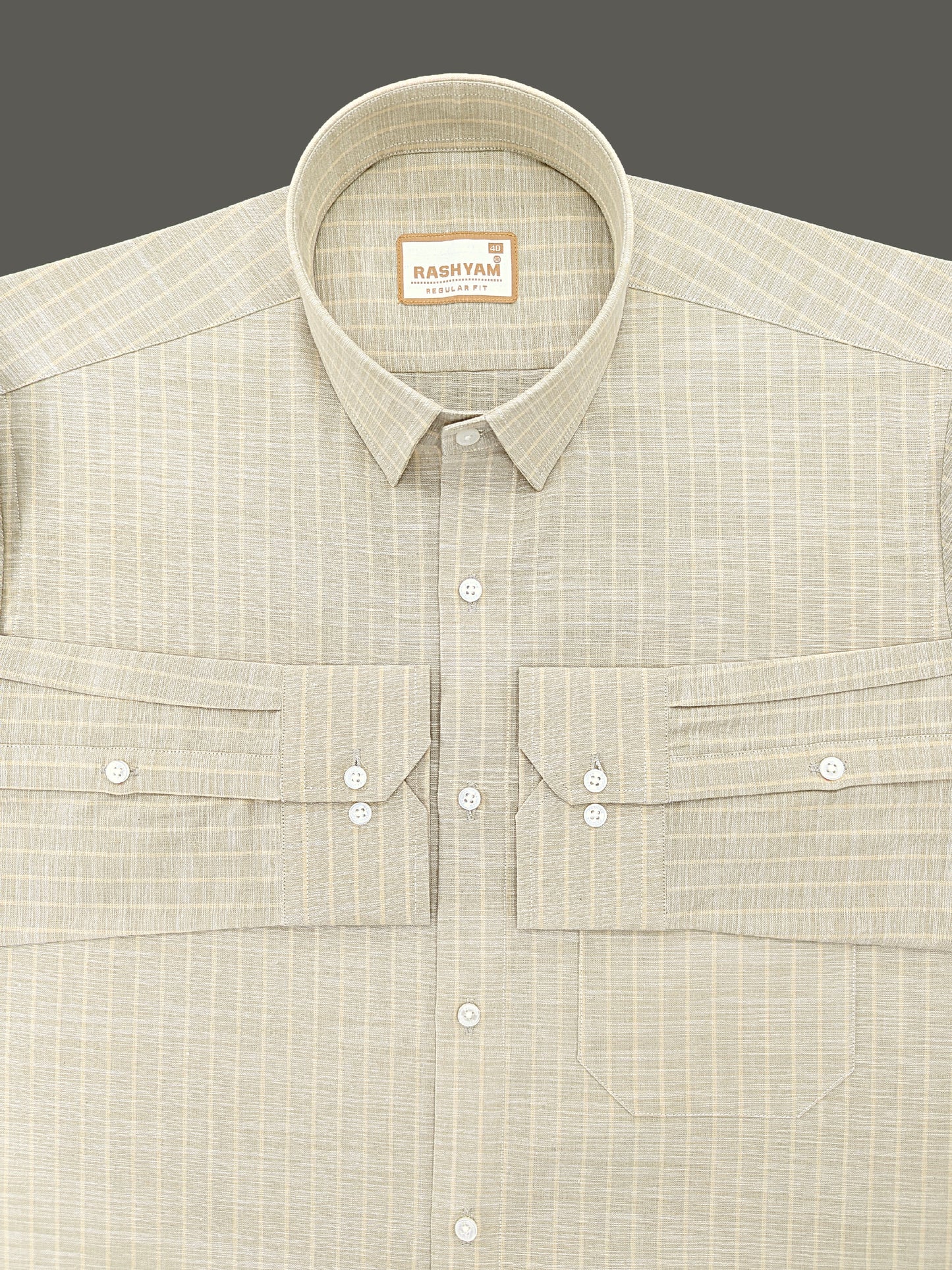 Premium Linen Cotton Light Cream Line On Khaki Shirt For Men