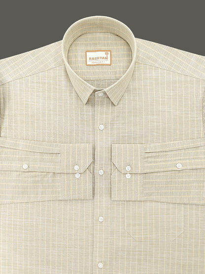 Premium Linen Cotton Light Cream Line On Khaki Shirt For Men