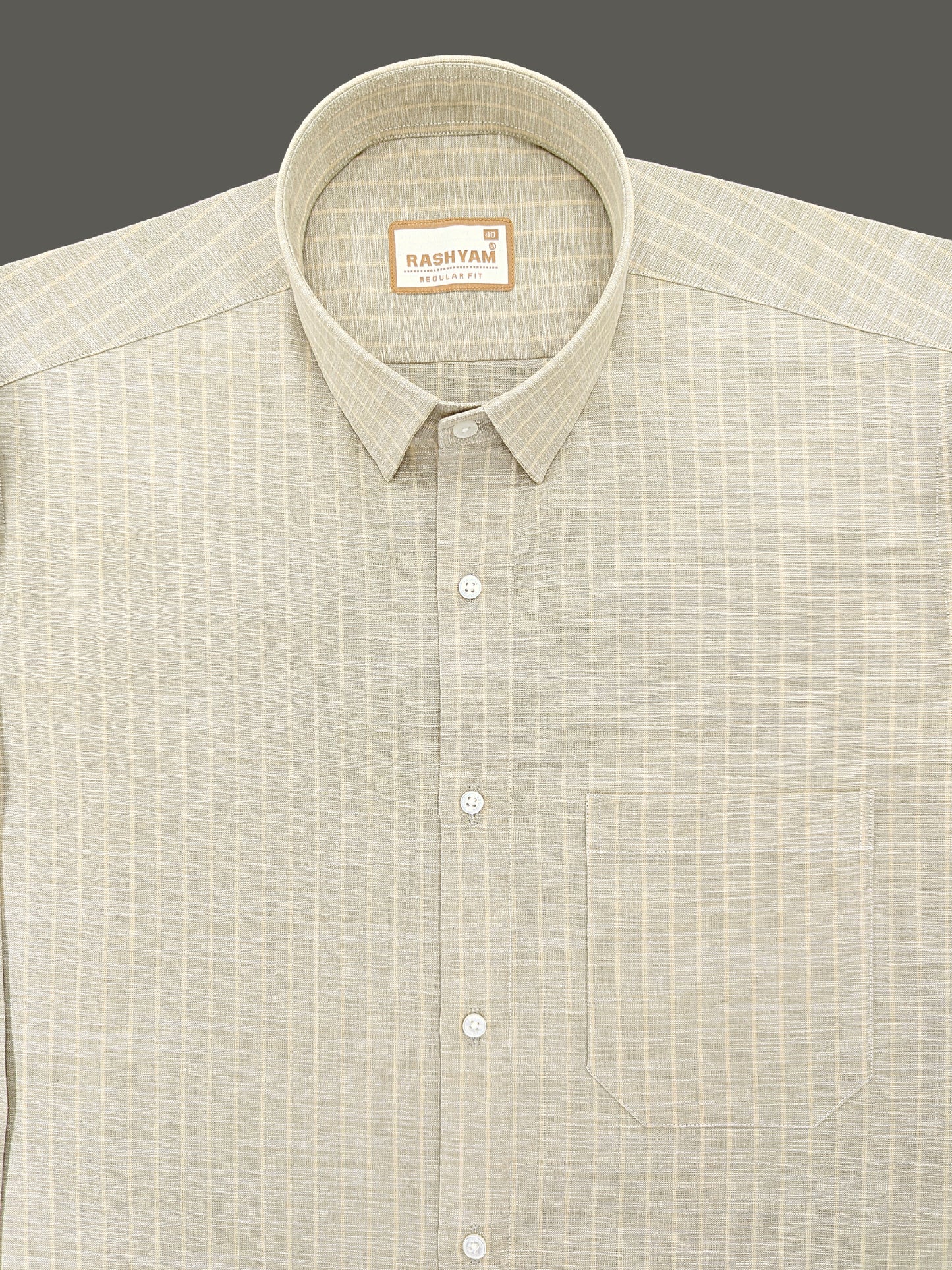 Premium Linen Cotton Light Cream Line On Khaki Shirt For Men