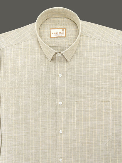 Premium Linen Cotton Light Cream Line On Khaki Shirt For Men