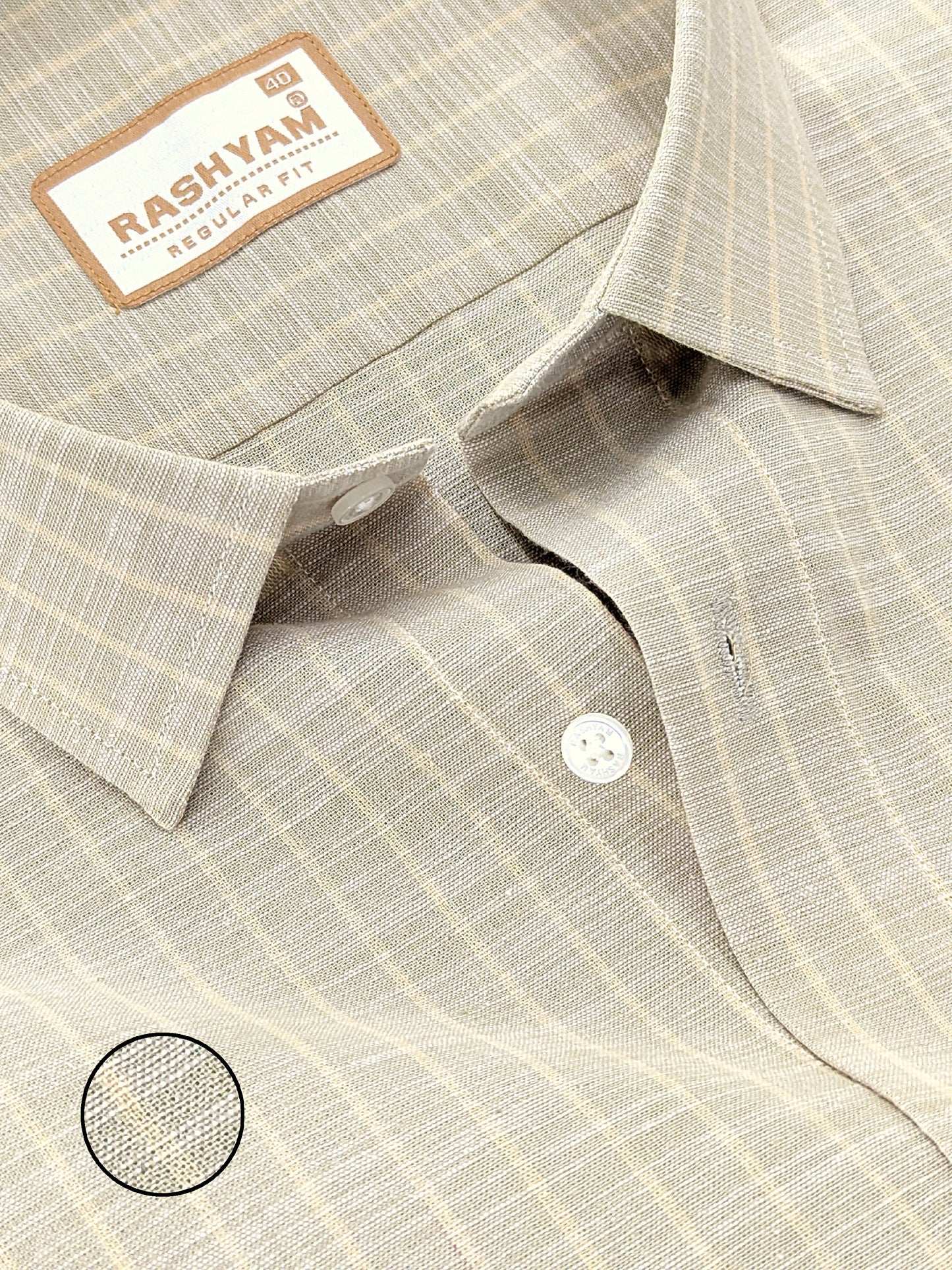 Premium Linen Cotton Light Cream Line On Khaki Shirt For Men