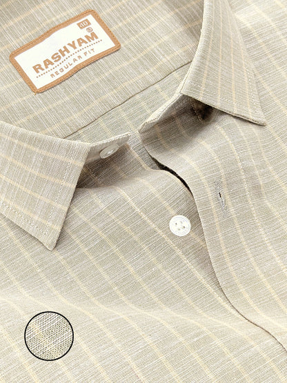 Premium Linen Cotton Light Cream Line On Khaki Shirt For Men