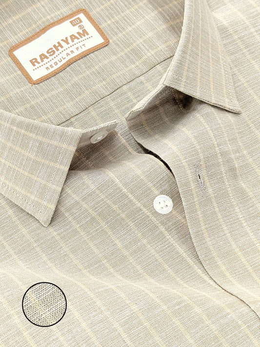 Premium Linen Cotton Light Cream Line On Khaki Shirt For Men