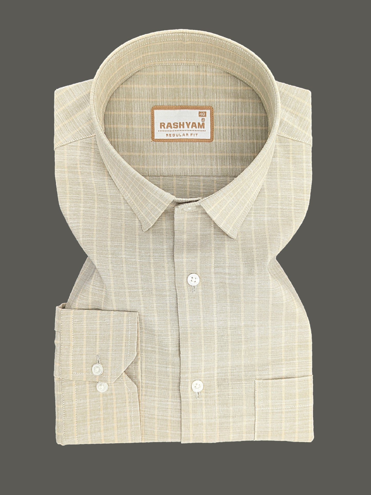 Premium Linen Cotton Light Cream Line On Khaki Shirt For Men