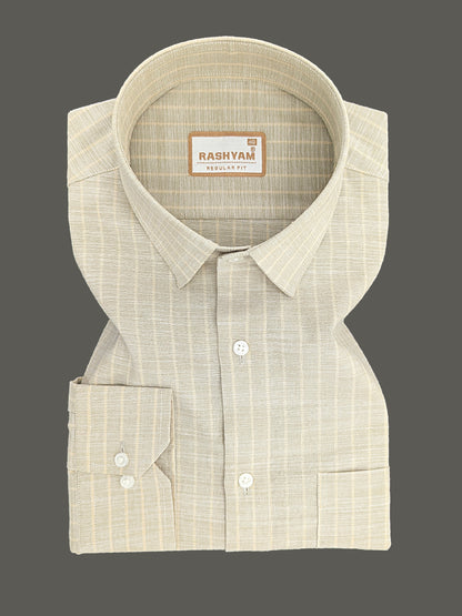Premium Linen Cotton Light Cream Line On Khaki Shirt For Men
