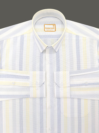 Manarola Premium Cotton Blue And Yellow Multi Line On White Formal Shirt