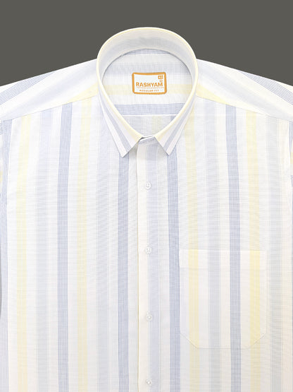 Manarola Premium Cotton Blue And Yellow Multi Line On White Formal Shirt