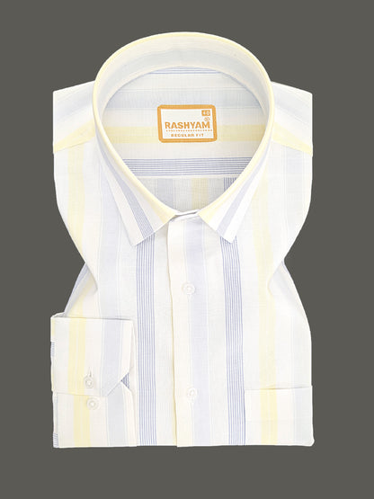 Manarola Premium Cotton Blue And Yellow Multi Line On White Formal Shirt