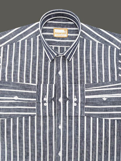 Manarola Premium Linen Cotton White Line On Navy Blue Formal Shirt For men