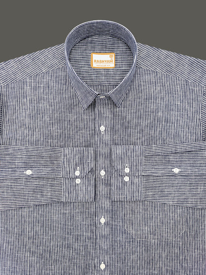 Premium Linen Cotton Multi White Line On Navy Blue Formal Shirt For men