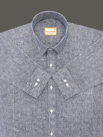 Premium Linen Cotton Multi White Line On Navy Blue Formal Shirt For men