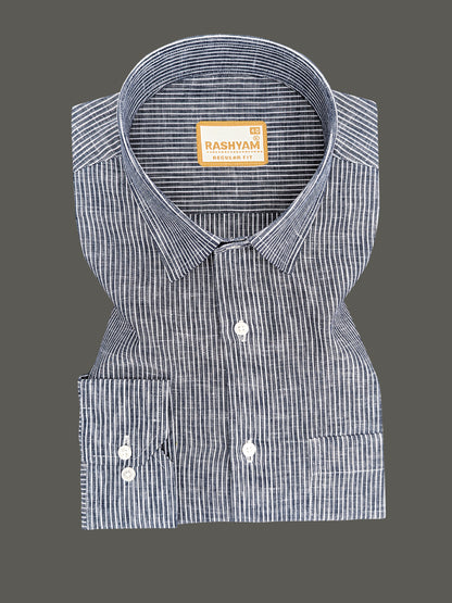 Premium Linen Cotton Multi White Line On Navy Blue Formal Shirt For men