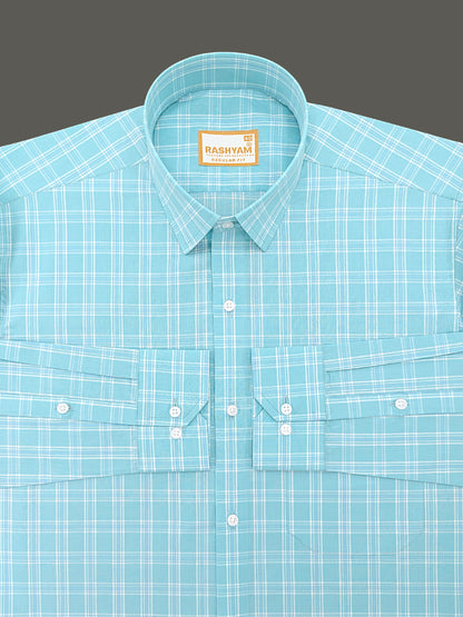 Faenza Premium Cotton Blue Checks On Pixie Green Formal Shirt For men