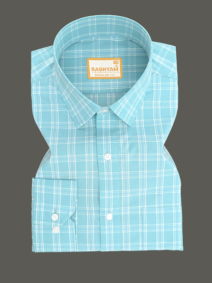 Faenza Premium Cotton Blue Checks On Pixie Green Formal Shirt For men