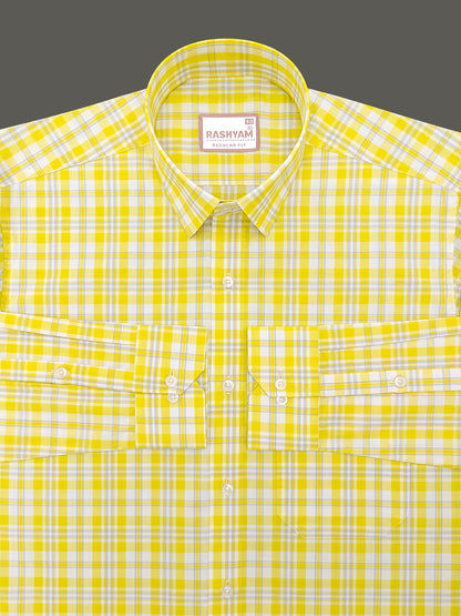 Malcesine Luxurious Cotton Yellow And Grey Checks Formal Shirt