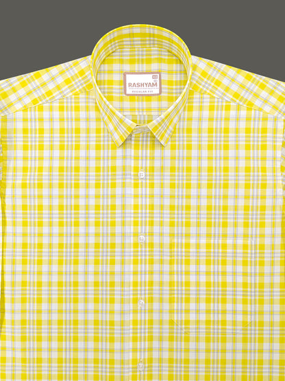 Malcesine Luxurious Cotton Yellow And Grey Checks Formal Shirt