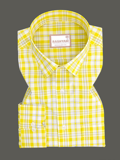 Malcesine Luxurious Cotton Yellow And Grey Checks Formal Shirt